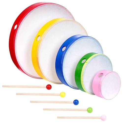 Image of Nydotd 5 Pieces Hand Drum Set, Wooden Frame Drum Percussion Instruments with Drum Beatters 12 Inch 10 Inch 8 Inch 6 Inch 4 Inch Multicolor for Leisure Festive Musical Performances Home Party Supplies