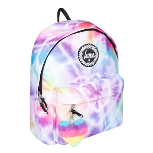 Image of hype Girls Backpack, Rainbow Coloured Iconic Tie Dye with Hearts, School Bag for Kids, Comfortable Rucksack with Bottle Holder, 3 Storage Compartments, Padded, Adjustable Straps & Grab Handle