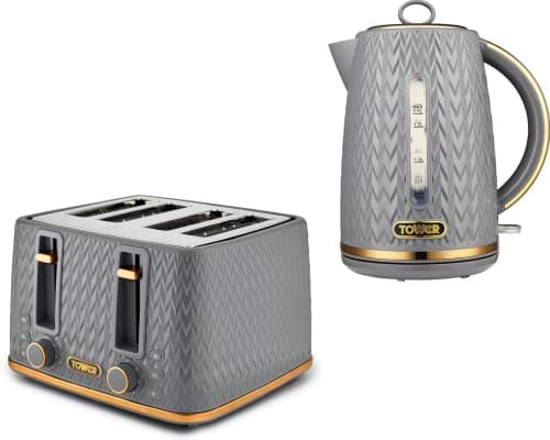 Image of TOWER Empire Grey 1.7L 3KW Jug Kettle and 4 Slice 1600W Toaster. Matching Art Deco Design Kettle & 4 Slice Toaster Set in Grey with Brass Accents