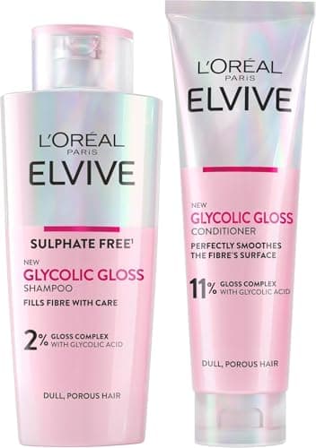 Image of L'Oréal Paris Elvive Glycolic Gloss for Dull Porous Hair, Get The Shiniest Hair of Your Life, Glossing Routine for Mirror-Like Shine, Shampoo, Conditioner, Lamination Treatment, Leave-In Serum Set