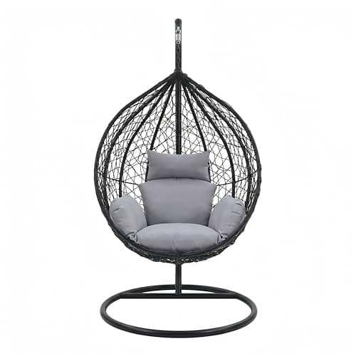 Image of Alivio Rattan Hanging Egg Chair - Big Basket Chair with Cushions, Swing Egg Chair for Indoor Outdoor Patio Garden 195 x 120cm, Weather Resistant Free Standing Egg Chair (Grey)