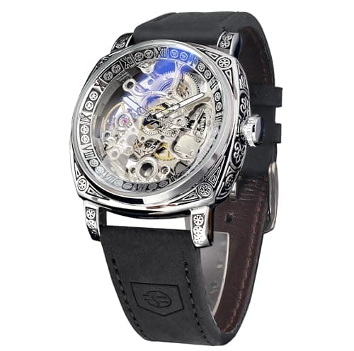 Image of FORSINING Men's Automatic Mechanical Square Skeleton Gold Watch Vintage Leather Strap Retro Style Waterproof Classic Wrist Watch for Men, Black, Strap