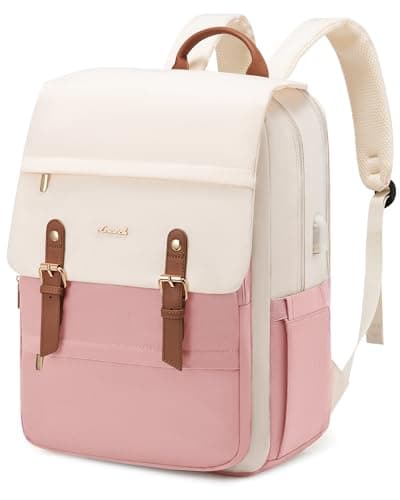 Image of LOVEVOOK Pink Backpack Women 15.6 inch, Laptop Rucksack Bag for Ladies, Fashion School Bags with USB Charging Port, Casual Work Daypacks for University Teacher College Travel, White - Pink