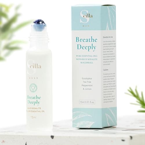 Image of Throat Chakra Essential Oil Pulse Point Rollerball – Eucalyptus, Tea Tree & Lemon with Blue Sodalite – Confidence Boost, Anxiety Relief, Relaxation, Mindfulness Gifts for Adults Women Teens (15ml)