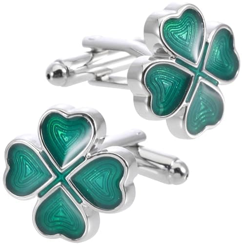 Image of Jonwo Green Four Leaf Clover Cufflinks for Men Lady In Gift Case Silver Good Luck Men's Cufflinks Jewelry Set for Wedding Party Anniversary Business Events Tuxedo Dress