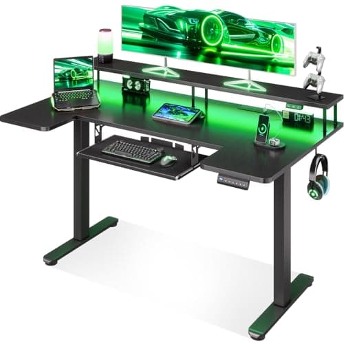 Image of OffiGo Standing Desk, 140cm U Shaped Height Adjustable Desk with Monitor Stand, Electric Sit Stand Rising Table with Sockets, Gaming Computer Table with LED Light for Home Office Workstation, Black