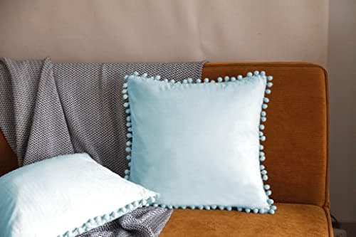 Image of Pagnanno. Set of 2 Soft Velvet Cushion Covers 45x45cm(18x18 Inches) Pom Throw Pillowcases Square Cushion Covers for Chairs,living and bedroom with Invisible Zipper (18"x18" (Pack of 2), Aqua)