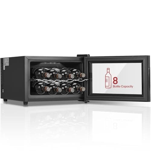Image of FOHERE Wine Cooler Fridge 8 Bottles, Table-Top Wine Fridge with Glass Door, 22 Liters LED + Digital Display, 8-18°C, Glass Door Drinks Fridge, Single-Zone