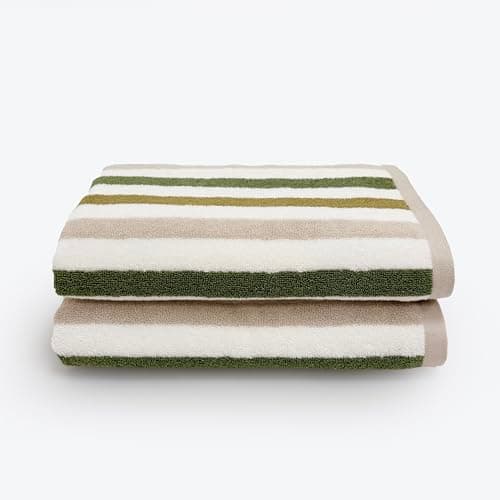 Image of Allure Cali Striped Bath Towels Pack of 2 70 x 140cm, 100% Cotton – Super Soft, Absorbent, Quick Dry Bathroom Towel Set (Green)