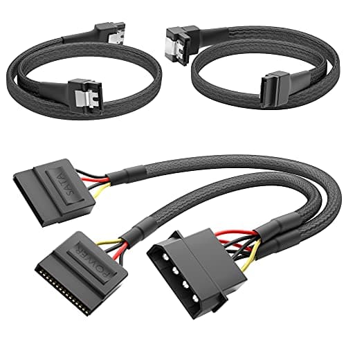 Image of KabelDirekt – 30cm 4-pin Molex to 2 x 15-pin SATA power cable + 60cm 7-pin SATA-3 data cable 6 Gbit/s 90° angled + 60cm 7-pin straight