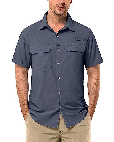 Image of 33,000ft Men's UPF 50+ UV Protection Short Sleeved Shirts Quick Dry Button Down Shirts Cooling Hiking Shirt for Travel Safari Fishing Navy Blue XL
