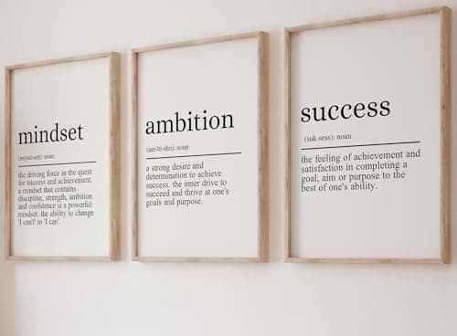 Image of Mindset Ambition Success Quotes set of 3 Unframed Prints, Home Decor, Positive Definition Wall Art, Typography Print, Inspirational Wall Art, Living Room, Kitchen, Bathroom, Bedroom (A4)