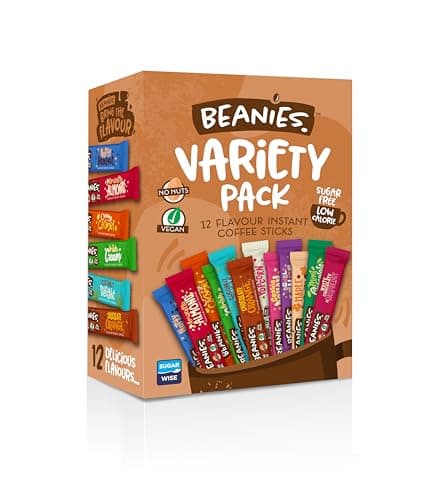 Image of Beanies Mixed Flavoured Instant Coffee 12 Sachets with 12 Different Flavours in a variety pack, Freeze-Dried Granules, Premium Taste, Nut-Free, Rich in Flavour, Low-Calorie, Gluten-Free, Vegan