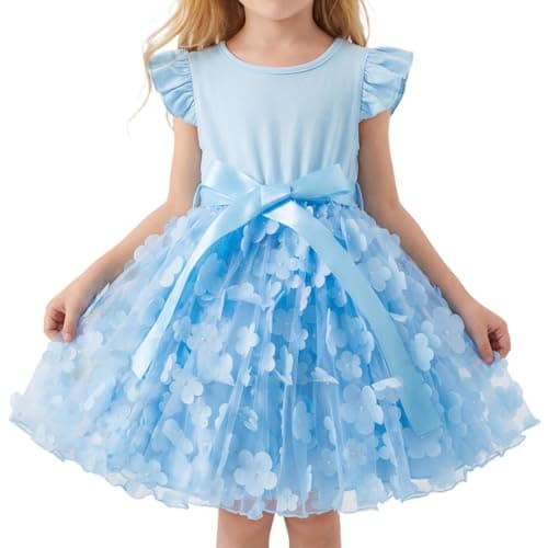 Image of DivingBirds Girls' Dresses Unicorn Dress for Girls Ruffled Tulle Tutu Kids Dress Little Ladies Summer Outfits Party Gifts 4-5 Years Blue Butterfly