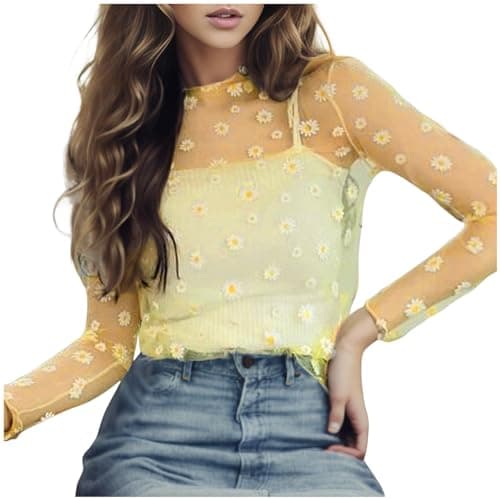 Image of 2026 Loose Fit T Shirts for Women Daisy Floral Embroidered Workout Summer Casual Tops Trendy Long Sleeve Tees Shirts Going Out Mesh Elegant Tshirt Cute Mesh Overlay Tee Shirts Sheer Yellow
