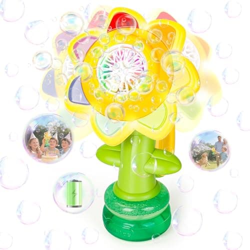 Image of JoiTale Bubble Machine for Kids, Rechargeable Sunflower Dancing Bubble Maker with Swinging Head & Colorful Lights, 3 Modes Automatic Bubble Blower for Toddlers Girls, Outdoor Indoor Party Favors Gift