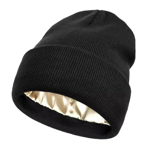 Image of DJC BOUTIQUE Chemo Headwear Beanie Hat Satin Lined Winter Warm Super Comfort Cap Turban Bandana (UK, Alpha, One Size, Plain Knit Black)