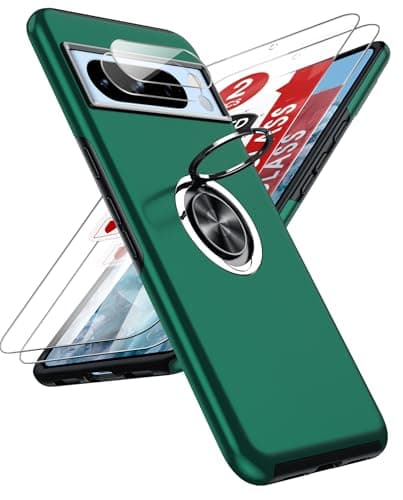 Image of LeYi for Google Pixel 8 Pro Case: and 2 Tempered Glass Screen Protector &2 Camera Lens Protector, with 360 Ring Holder Stand Phone Cover for Pixel8 Pro Green