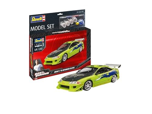 Image of Revell Model Set 67691 Fast & Furious Brian's 1995 Mitsubishi Eclipse 1:25 Scale Unbuilt/Unpainted Plastic Model Kit with Contacta Professional Glue, Paintbrush & Selected Aqua Color Paints