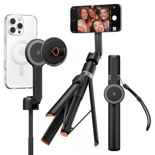 Image of Spigen 66" MagSafe Auto-Opening Selfie Stick Tripod Dual Magnetic Mount, Bluetooth Remote, Extendable & Foldable Included Metal Ring & Wrist Strap Compatible With iPhone, Galaxy, Pixel etc - Black