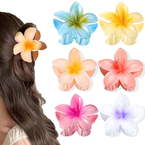 Image of BAISEN 6 pcs Color Flower Hair Clips,3.14 inches Large Hawaiian Flower Claw Clip for Women Thin Thick Curly Hair,Strong Non-slip, Beach Vacation hair accessories for Women Girls (Set 1)