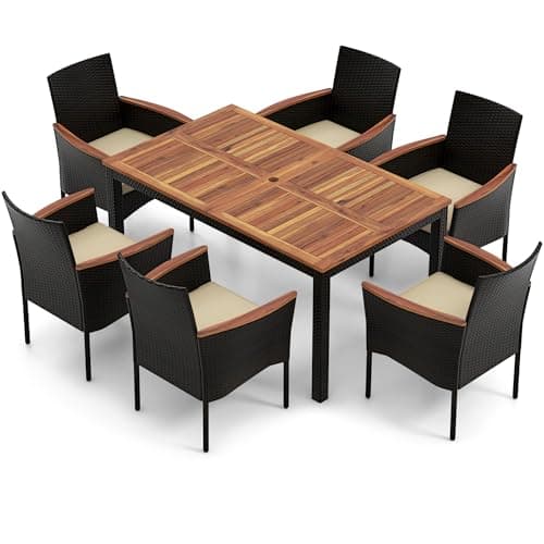 Image of COSTWAY 7 Piece Patio Rattan Dining Set, Wicker Garden Table and Stackable Chairs Set with Umbrella Hole, Acacia Wood Tabletop & Cushions, Outdoor Dining Furniture Conservatory Set for Yard Lawn