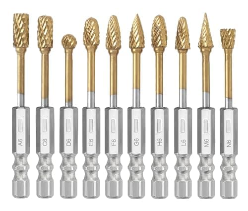 Image of Saipor 10Pcs Titanium Tungsten Carbide Burr Set for Die Grinder Bits, 1/4" Quick-Change Shank, Head Dia 6mm, Metal Wood Stone Steel Grinding Deburring Cutting Porting Carving