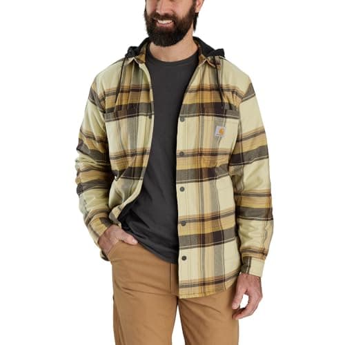 Image of Carhartt 105938 Relaxed Fit Rugged Flex Flannel Fleece-Lined Hooded Shirt Jac DARK BROWN M