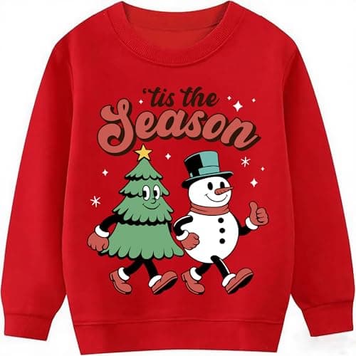Image of Boys Girls Christmas Jumper for 5-6 Years Old Kids Unisex Xmas Sweatshirt Tis The Season Snowmen Christmas Tree Red Tops Children Long Sleeve Cotton Clothing Outfits Casual Crewneck Winter Clothes