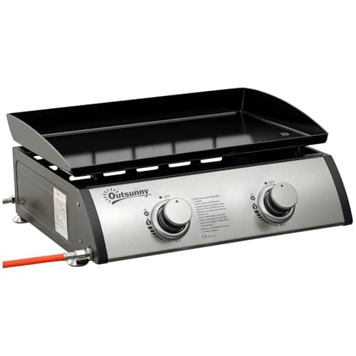 Image of Outsunny Gas Plancha Barbecue Grill with 2 Stainless Steel Burner, 5kW, Portable Tabletop Gas BBQ with Non-Stick Griddle for Camping Picnic Garden Party Festival