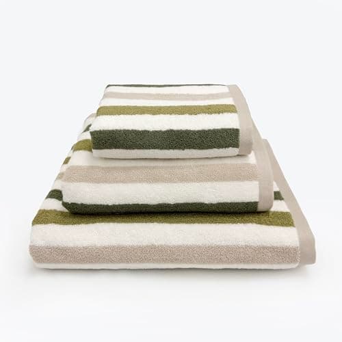 Image of Allure Cali Striped 3 Piece Towel Set, 100% Cotton – Super Soft, Absorbent, Quick Dry Bathroom Towel Bale including 1 x Hand Towel, 1 x Bath Towel, 1 x Bath Sheet (Green)