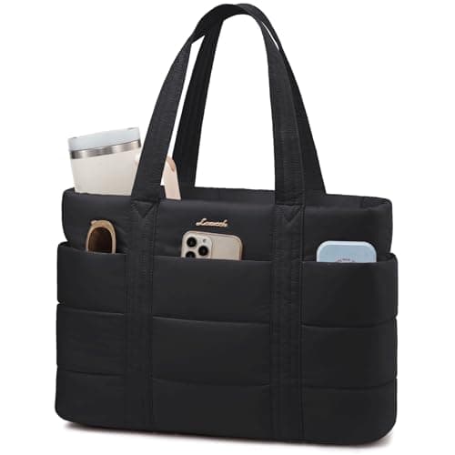 Image of LOVEVOOK Tote Bags for Women, 15.6 Inch Lightweight Puffer Work Bag with Zip, Large Quilted Laptop Handbag Ladies Teacher Uni Shoulder for University College School Shopping Travel, Black