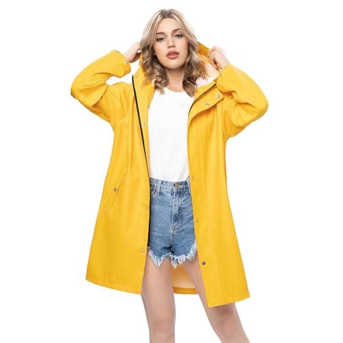 Image of UNIQUEBELLA Raincoat for Women Outdoor Hooded Jacket Rain Jackets Waterproof Breathable Windbreaker-Yellow