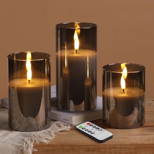 Image of Eywamage Silver Grey Glass Flameless Flickering Candles with Remote, 3 Pack Realistic LED Fake Candles ∅ 3" H 4" 5" 6"