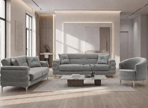 Image of Statement Home Decor Sofa bed 3 & 2 &1 seater Loveseat Sofas Couches Chesterfield Grey Velvet Living Room Furniture Set Plush Fabric sofas and sets For Free Assembly Delivery (Grey, 3+2+1)