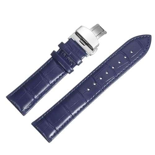 Image of sourcing map Blue Leather Watch Band 20mm Quick Release Genuine Strap with Silver Deployment Butterfly Buckle for Men & Women