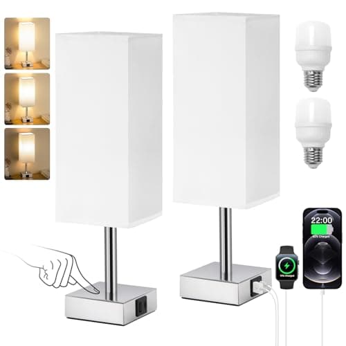 Image of Aooshine Touch Control Bedside Lamps Set of 2, 3-Way Dimmable Table Lamp with USB-C+A Charging Ports, Bed Side Lamps for Bedroom with White Fabric Shade(Bulbs Included)