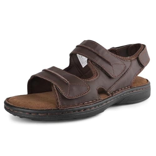 Image of riemot Mens Sandals Leather Outdoor Summer Beach Sandles Hand-stiched Walking Fisherman Sandal Adjustable Leather Straps Brown Size UK 11/EU 45
