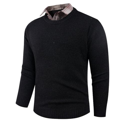 Image of Modeewel Winter Jumper Men's False Two-Piece Sweatshirt Plain Sweatshirt Top Simple Casual Cardigan with Shirt Collar Mock Jumper Sweater Knitted Jumper 2 in 1 Knitted Jumper, A 01 Black, 3XL