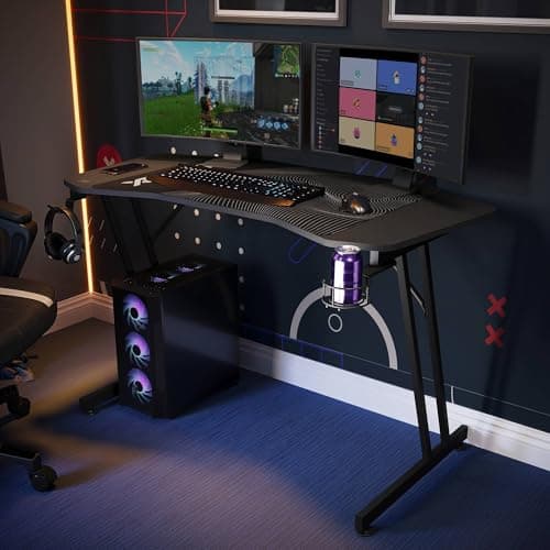Image of X-Rocker Panther Evo 120cm x 60cm, Carbon Fibre Gaming Desk - Space-Saving Design, Headphone Hook, Cup Holder, Sturdy Metal Frame for Kids & Teens - Black - Mouse Mat Included
