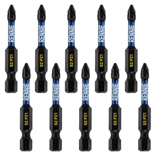 Image of 10 x Rennie Tools 50mm Long PZ1 Impact Screwdriver Driver Bits Set. Heavy Duty PoziDriv POZI No.1 Magnetic Screwdriver Bit Set. PZ1 Impact Driver Bits Pozidrive Screw Accessories.