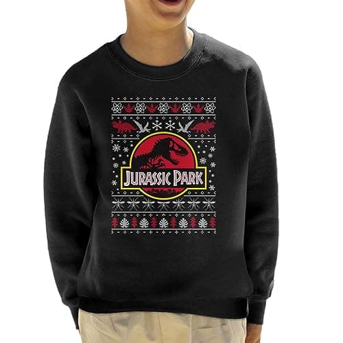 Image of All+Every Jurassic Park Logo Christmas Knit Pattern Kid's Sweatshirt Black
