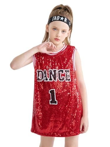 Image of LOLANTA Girls Sequins Dance Costume Hip Hop Dancewear Sparkle Sleeveless Tank Top Dress, Red, 11-12 Years, Tag 160