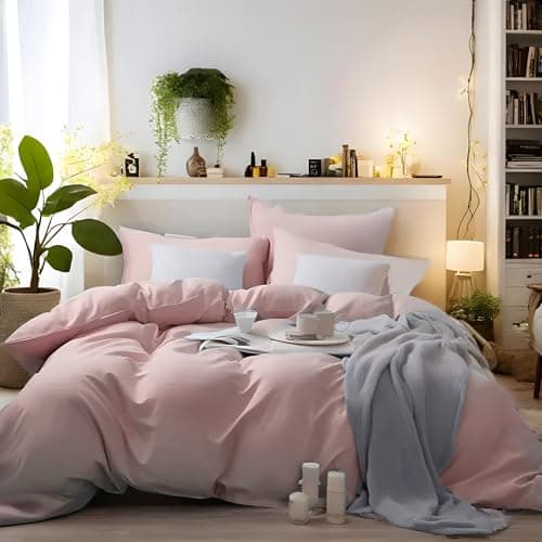 Image of MOHAP Bedding King Duvet Cover Set 3 PCS Plain Brushed Microfiber Gift Bedding 1 Duvet Cover with 2 Zippers and 2 Pillowcases Pink