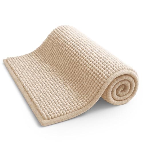 Image of KEPLIN Non-Slip Microfibre Bath & Toilet Mat - Soft, Plush & Comfortable Rug with Machine Washable Design - Water Absorbent & Quick Drying to Keep Bathroom & Home Hygienic & Clean - (40x60cm) Beige
