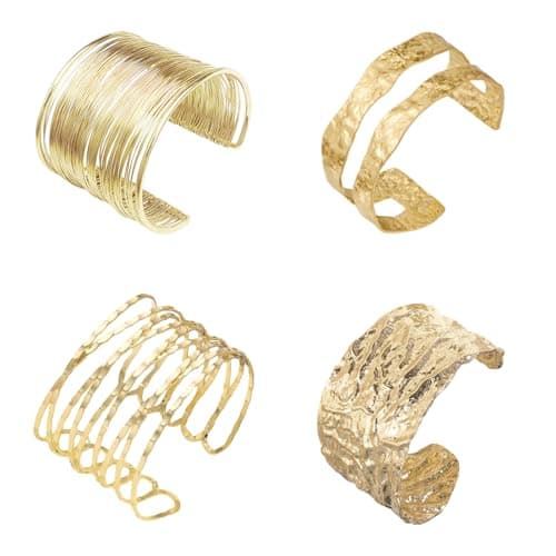 Image of Rthynti Gold Bangle Wide 4Pcs Open Metal Wire Bracelet, Cuff Bracelet for Women, Gold Arm Cuff Bangle Bracelet for Party Daily Gifts