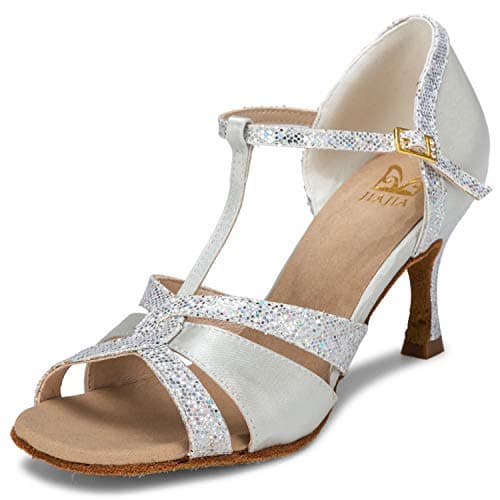 Image of JIAJIA 20519 Women's Satin Sandals Flared Heel Latin Salsa Performance Dance Shoes Colour Silver,Size 5.5 UK/39 EU