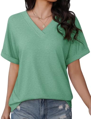 Image of PASUDA Ladies Tops V Neck T Shirts for Women Short Sleeve Solid Color Summer Tops Casual Fold Sleeve Loose Fit Basic Tee Shirt (Green, L)