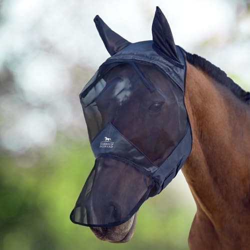 Image of Harrison Howard CareMaster Horse Fly Mask Long Nose with Ears Full Face Black XL Extra Full Size