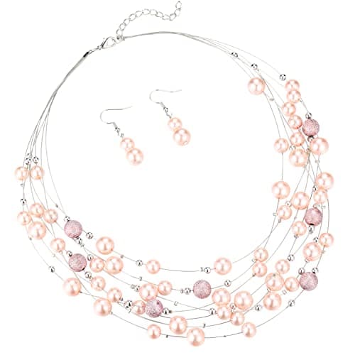 Image of FULU AUTUMN Layered Pearl Necklace Beaded Silver Choker Handmade Boho Statement Costume Necklaces Fashion Jewellery Gifts for Women(37-Pink)